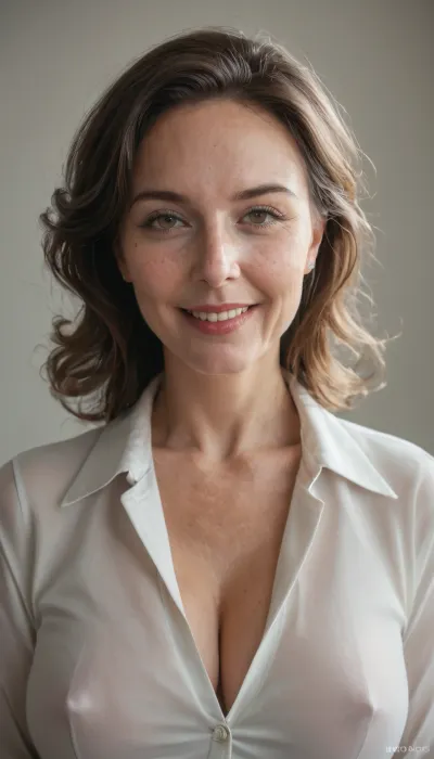 bust shot, 1man 1woman, seduction, (photorealistic, best quality, clear detailed photo:1.6), warm nature, natural beauty, beautiful 55 yo woman, French with Spanish descent, (MILF:1.5), beautiful face, sexy, voluptuous figure, naughty, natural large breasts, open transparent shirt, seductress, seductive face, amazing sensual appeal, gorgegous hair, intriguing smile, looking at viewer, perfect lighting, sexy clothes, attractive details, secretive sensual mood, (extremely detailed face, modern eye model:1.3), UHD resolution, professional photo, perfect contrast, tack sharp, volumetric lighting, (extremely detailed eyes, sharp focus on iris:1.4), (sensual secretive mood), (moles, freckles, realistic skin texture:1.4), hard nipple pushes against fabric, (realistic puffy areola, erect nipple), high heels