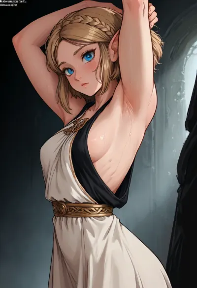 (Markgavatino meets Neocoill style), Cutesexyrobutts style, Cel-shaded, inked lineart, limited color palette, masterpiece, princess zelda, dress, (armpit fetish, armpit focus, (extremely detailed armpit:1.5), sweaty armpit), side view, <lora:mk_Bp Anime_xl:1.2>, <lora:lineartSDXL:2>, <lora:EnvyBeautyXL01:2>