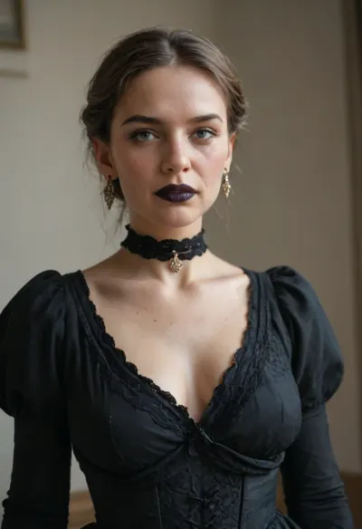 The elderly Nordic woman, aged 55, wrinkles in face and on chest, exudes an authoritative Victorian aura, adorned with black lipstick and a stern expression, black Victorian gown, deep decollete, (exposing one left breast), diamond choker, round golden earrings