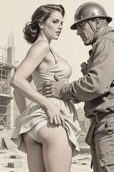 This is is a detailed monochromatic pencil drawing in a classical illustrative style depicts a scene set Beautiful sexy brown elegant hairstyle mother stands leaning over at the construction site, wearing in summer dress, the hem of the dress is pulled up, white panties are down, fully clothed very ugly lustful fat construction worker in a combat zone and a construction helmet who are hard Grabs her bottom with his hand, looking up, seductive face, lustful mocking smile men's ugly face, rear view, The overall mood is intense, rendered in fine, expressive line work and subtle shading, evoking the style of 1950s satirical or moralistic illustrations.