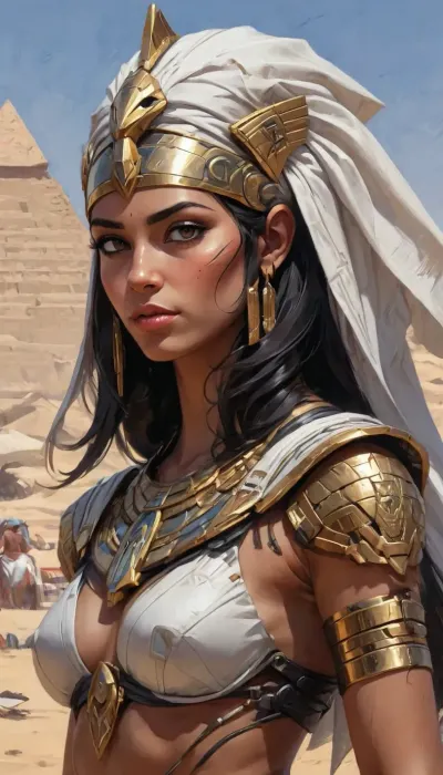 a highly detailed Close up oil painting in style of by Sam spratt and laurie greasley, a egyptian woman in an egyptian armor, egyptian Mascara, ((egyptian headcloth)), (((nemes))), full egyptian armor, very busty, perfect round breasts, no visible nipples, (sideboob), Sideview, fantasy art, desert, Pyramids, full hd, metart, an oil on canvas painting, contest winner, figurative art, young woman with dark egyptian hair, an airbrush abstract figurative art, concept, art, by, syd, mead, retro, futuristic, flat, colors, <lora:Mecha_Ggorgeous_Armor-000011:.8>, <lora:concept_art_syd_mead:2>