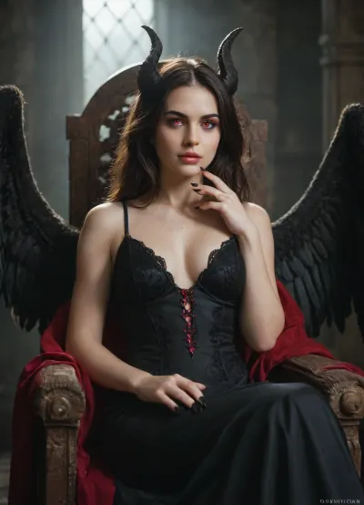 Majestic demon queen Lilith, long flowing dark hair, elegant black curved horns, glowing crimson eyes, wearing a dress made of shadows and obsidian jewelry, large black feathered wings, sitting on a dark stone throne, underworld background, cinematic lighting, dark fantasy art, highly detailed, 8k resolution., Close-up portrait of the demon Lilith, captivating and intense gaze, subtle black scales on her cheekbones, sharp black fingernails, dark makeup, smoky background with faint occult symbols, moody lighting, chiascuro photography, 35mm lens, realistic.