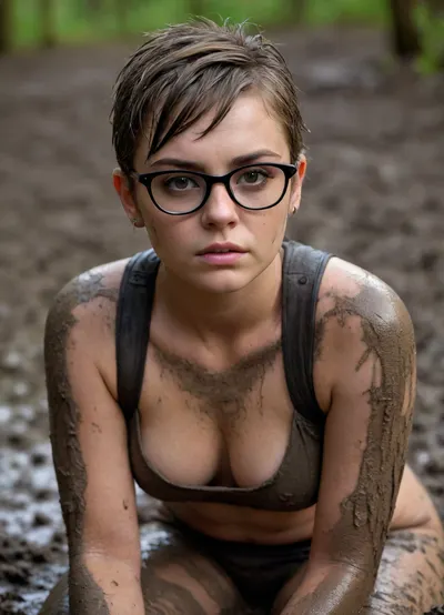 photo of tv_actress_Maisie_Malone plump 21 yo woman with punk haircut, glasses, unzipped jacket, tank top, sitting in sticky mud. she is covered completely with sticky mud, face is covered completely with sticky mud, glasses are covered completely with sticky mud, hair covered completely with sticky mud

Highly detailed beautiful expressive eyes. Photorealistic, Natural atmospheric lighting, intricate details, 35mm photograph, film, professional, 4k visuals, highly detailed, elegant, deep sticky mud in a wamp forest, plump, skindentation, chubby, bbw, venus, body, big, breasts, ass, <lora:Chubby BBW - XL:1.8>