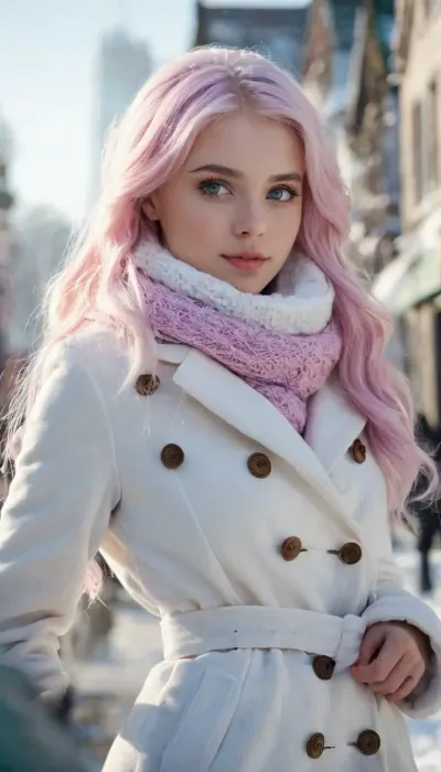 score_9, score_8_up, score_7_up, masterpiece, best quality, ultra-detailed, photorealistic, highres, 1girl, 19 years old ethereal beauty named Aurora Lune, long flowing platinum pink hair, heterochromia one blue one purple eye, perfect doll-like face, huge breasts, tiny waist, enormous round ass, wearing elegant white winter coat, scarf, tight jeans and boots, standing gracefully on snowy street, soft smile, winter city background, soft natural daylight