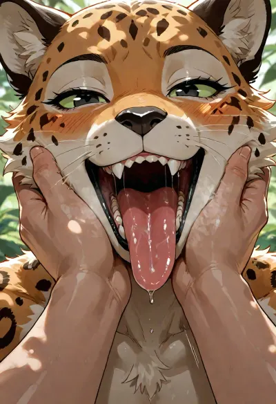 Masterpiece, high Quality, simple background, Best Quality, 1girl, furry, leopard, light-green sclera, black eyes, black nose, whiskers, orange body, orange fur, white body, white fur, two tone body, two tone fur, black spots, spotted body, no humans, looking at viewer, blush, heavy breathing, open mouth, drooling, rolling eyes, saliva, barbed tongue, evil smile, sharp teeth, fangs, toned, nude, dynamic angle, close-up, mouth focus, pov hands, hands touching cheek, licking finger, licking hand, interspecies, motion lines, BREAK
1boy, human, light skin, faceless male, outdoors, dappled sunlight, jungle, <lora:add-detail-xl:1.2>, <lora:LCMTurboMix_Euler_A_fix:.8>