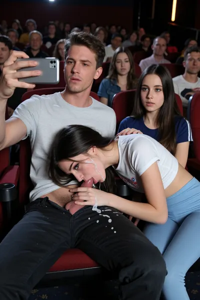 score_9, score_8_up, score_7_up, absurd_res, hi_res, average guy wearing casual clothes sitting on chair in a crowded movie_theater, his dick is out of his pants, (a 1m80 tall and extreme skinny bony model girl with vivid black eyes sitting on the next chair is bending down to the man's lap to give him a deepthroat blowjob:1.5), the man is selfie filming with the cellular the girl with her head bobbing on his dick during the blowjob and facial and he is pointing to the blowjob on the selfie, (the anorexic slender girlfriend is wearing tight track shirt and tight light blue leggings), the man roughly pushes the girl's cum splattered head down his lap, her cum filled head is on to the man's lap for a perfect deepthroat blowjob, she is concentrate on the blowjob, stealth_sex, stealth blowjob sex, hidden blowjob sex, secret blowjob sex, party shirt, the girl's looks shy, pleasuring, exhausted, rolling_eyes, the girl is sucking his dick trying to not get discovered, detailed face, intricate details, hyperdetailed, very aesthetic, motion_lines