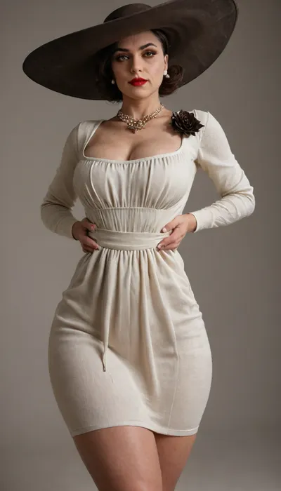 masterpiece, 4k, (((hands, waist grab:1.3))), (Alcina Dimitrescu from Resident Evil:1.6), (slut), extremely pretty face, oiled skin, (tanned), (huge natural saggy tits), solid color background, huge natural tits, big boobs, thick, curvy, super waist, waist, super thighs, super ass, thighs, large ass, big ass, white sexy long sleeves hip womens off shoulder wool sweater knitting dress, black high tights stockings, pouting big lips, looking at viewer, horny, long legs, hdr, ultra detailed face, clothe on, sfw, non nude