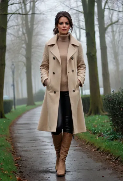 (masterpiece, best quality:1.2), 1 german 40yo woman, (she wears a beige coat and overknee boots:1.4), longest dark brunette hair, all hair tied tightly into a high ponytail, green eyes, outdoors, in foggy cold park, photorealism, clothes, <lora:style_lora_realis:.5>, <lora:Detailed_female_hands-000001:.5>