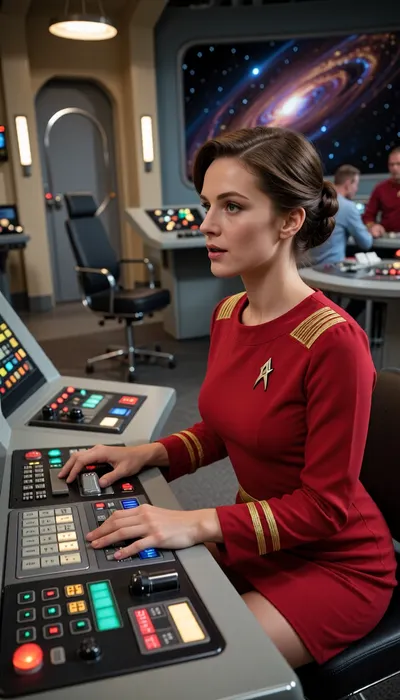 A high-resolution, photorealistic candid photograph focusing on a beautiful, accurately rendered human female Starfleet officer, communications specialist. She is seated at her detailed communications console station on the busy Star Trek, The Original Series Enterprise NCC-1701 bridge. She wears an impeccable red uniform dress with accurate gold braiding and the official assignment patch. Her posture is natural and engaged, her two accurately proportioned human hands, with all fingers correctly formed and articulated, are actively operating the console's buttons and sliders. Her anatomy, including her neck, shoulders, and seated profile, is anatomically precise and free from distortion. She is looking slightly left, her face clearly showing natural features and a professional bouffant hairstyle. The intricate, colorful console with its flashing lights is sharply detailed. In the background, the bustling bridge, including the blurred captain's chair, other crew members, (in sharp focus where visible), the iconic curved turbolift doors, and the massive VIEWPORT showing deep space with swirling nebulae and stars, are all perfectly rendered. Shot on realistic film with visible grain, natural cinematic lighting from the bridge displays, soft focus on the surroundings, sharp focus on the woman and her console. Shallow depth of field, wide-angle lens, 8k ultra-detailed, photorealistic, authentic 1960s production value. Perfect anatomical correctness and detail.