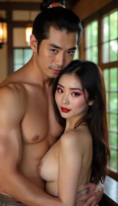 Man and woman embracing, candle lit, dim, golden light, Cinematic still of a elegant 19+year-old geisha pressing her breasts against an older samurai's bare chest, makeup, elegant, glamorous, slutty, escort, smiling, Japanese with freckles, Asian prostitute, in an ancient Japanese pagoda, puffy areolas, long nipples, skinny, large breasts, cute, adorable, kawaii, flashing neighbor, cheating slut, hotwife, but, <lora:BUT_SDXL_SHS:.8>, handslora, <lora:Hands:.8>