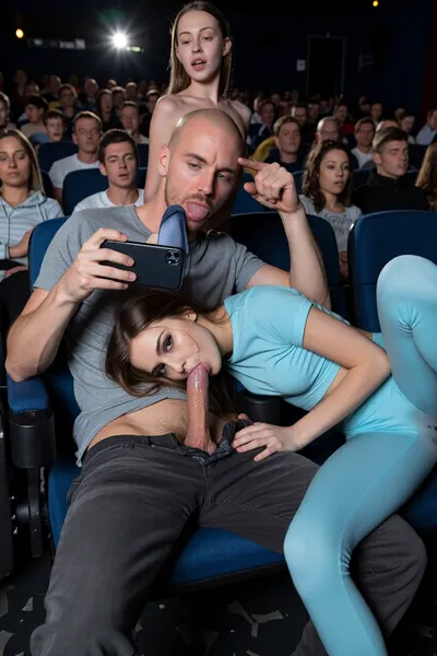 score_9, score_8_up, score_7_up, absurd_res, hi_res, average guy wearing casual clothes sitting on chair in a crowded movie_theater with his dick out of his pants, (a 1m80 tall and extreme skinny bony model girl with vivid black eyes sitting on the next chair is bending down to the man's lap to give him a deepthroat blowjob:1.5), the man is selfie filming the girl with her head bobbing on his dick during the blowjob and facial and he is pointing to the blowjob on the selfie, (the anorexic slender girlfriend is wearing tight track shirt and tight light blue leggings, her legs spread wide open), the man roughly pushes the girl's cum splattered head down his lap, her cum filled head is on to the man's lap for a perfect deepthroat blowjob, she is concentrate on the blowjob, stealth_sex, stealth blowjob sex, hidden blowjob sex, secret blowjob sex, party shirt, the girl's looks shy, pleasuring, exhausted, rolling_eyes, the girl is sucking his dick trying to not get discovered, detailed face, intricate details, hyperdetailed, very aesthetic, motion_lines