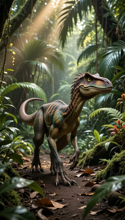 A nature photography-style, cinematic image of a lone, detailed Velociraptor, (Dromaeosaurid), casually walking through a dense, lush, sun-dappled Cretaceous rainforest. The Velociraptor is feathered, with fine plumage in mottled forest greens, browns, and earthy ochre, blending with the environment, and a striped tail. It is a sleek, dynamic creature about 2 meters long, depicted mid-stride on a dirt and leaf-litter path, moving peacefully and observing its surroundings with sharp, intelligent yellow-green eyes. Its body is angled diagonally, tail extended for balance, feet with a prominent sickle claw just clear of the ground. The forest environment is incredibly detailed, huge ferns, palms, and exotic flora create a deep green canopy, with sunlight filtering through in golden shafts, (God rays), onto the Raptor and the forest floor. The scene is full of life and texture, damp soil, rich green leaves, mossy tree trunks, and blooming primitive flowers. Other forest sounds and shadows imply more life, but only the Velociraptor is clearly in focus, captured at eye level with a 50mm lens. The Velociraptor looks composed and natural, not aggressive or hunting. Shallow depth of field ensures the forest background dissolves into a beautiful, dense green and gold bokeh. Ultra-realistic, photorealistic textures on the feathers, skin, scales, and flora. Natural daylight, warm and filtered. Detailed environment with air ferns, ancient trees, and a winding path. The light catches the texture of the Raptor's feathers as it walks. Sharp focus on the creature's face and body. Film grain, (wide angle 16:9), peaceful atmosphere, nature documentary quality, 8k.