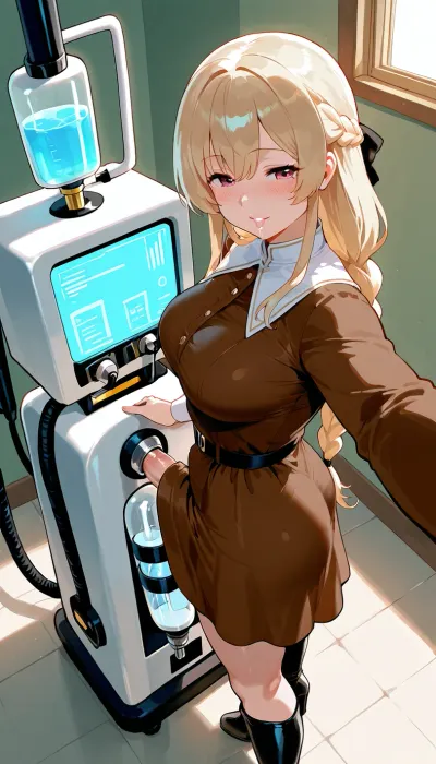 ((Futanari blowjob machine), brown dress. Stroke. Selfie. Relief. high-heeled boots Long braid, middle angle)
