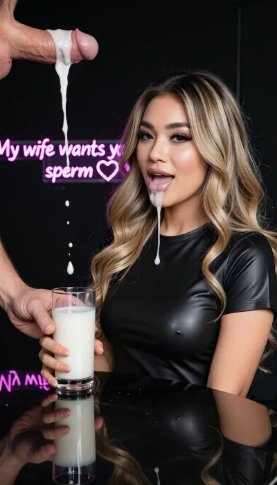 Simple Background, Bust Shot, 2 People, sylphlike and shy but sexy asian woman with long wavy blond hair in plain black latex t-shirt is sitting at the table with polished reflective surface, perfect make-up with dark mascara eyes and fake lashes, mouth full of cum, she holds in her hand drinking glass half filled with milk, man opposite to the woman over the table is masturbating his big penis with his hand ejaculating big load of sperm into her drinking glass, side view, she smiles watching at his cozy big penis, (the tip of man's big penis is located directly above her drinking glass and his sperm flows directly down into the soy sauce:1.4), (only one man's big penis is in frame:1.3), only one man and only one woman are in frame, only one drinking glass is in frame, woman's face is in frame, man's face is not in frame, (sperm from man's big penis flows down into the drinking glass with milk:1.4), simple black background, reflections in the polished table, we can see in the background this all visible neon text "My wife wants your sperm ❤️".