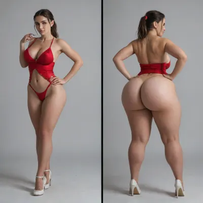 Sexy adult realistic illustration of a sultry, Voluptuous young woman, full beautiful hair, (cute Girl:1.3), Photorealistic diptych portrait of the same curvy woman in, (two panels side-by-side:1.3), against a seamless studio background separated by a thin vertical gap, left panel full-frontal view, right panel full-back view, model wearing a form-fitting, (red micro dress:1.3), ass hagging out, micro mini bodycon dress with deep V neckline, (large cleavage:1.3), (hyper erect nipples:1.3), in front and low scoop back, white high heels, left pose, confident stance, one hand on hip, other hand lightly touching collarbone, soft natural expression, subtle makeup, loose bangs framing face, right pose, hands on hips, hair pulled into a mid-height ponytail revealing back, weight shifted to one leg, even soft studio lighting, clean soft shadows, high detail skin texture, realistic cloth folds, accurate anatomy and proportions, cinematic color grading, ultra-detailed 4k photoreal, crisp edges, neutral tones, minimal post-processing., (detailed skin texture:1.2), soft expression, massive underbutt, (curvaceous body type:1.3), (huge round ass:1.3), (massive round ass:1.3), (bulging bubble butt:1.3), cleft ass, deep buttcrack, (suggestive pose:1.3), (8k, ultra sharp, professional), <lora:bottomheavy_v1_sdxl_LoRA:2>, <lora:BodyLicious:2>, <lora:4panel:.8>