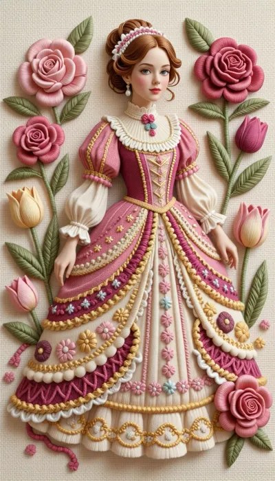 Vector illustration in a whimsical folk embroidery style. In the center, a woman in a finely detailed Victorian dress appears to be embroidered with thick, multicolored threads. Each detail is worked with a different stitch, satin stitch, stem stitch, and French knots. Roses and tulips adorn the woman, with no stray threads, all executed with great precision. The background is a cream-colored textured linen, (ref. F5F5DC), . The rich, traditional color palette consists of pink, beige, and gold. The tactile, handcrafted style reveals the texture of the threads and gives the embroidery a subtle 3D depth. The overall effect is whimsical, traditional, and charming. The image contains no text.