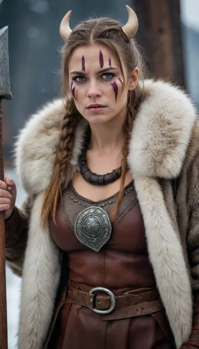 Viking woman with warpaint, athletic build, bulky leather harbor, fur collar, brained hair, masturbation with an axe.