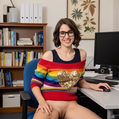 A smiling woman with bob-cut, slitly curly brown hair, short round face, medium dized breasts, brown eyes that squint noticeably. She wears dark-framed glasses and a dark tank top, with a warm, genuine smile revealing her teeth. She sits in a blue office chair at a cluttered desk, smiling warmly at the camera. She wears a vibrant rainbow-striped sweater with a gold sequined heart on the chest. She wears no pants and no panties so that the viewer has a good view on her vagina. Her right hand rests on a computer mouse, and her left arm is relaxed on the desk. The setting is a bright, organized office with a large wooden bookshelf filled with scientific books and binders in the background. A vintage botanical illustration hangs on the wall above the desk. The scene is illuminated by soft, even indoor lighting, creating a natural and inviting atmosphere. The composition is a medium shot, capturing the subject from the waist up, with a shallow depth of field that keeps her in sharp focus while gently blurring the background. The overall style is realistic and professional, with a touch of personal warmth conveyed through her colorful attire and cheerful expression. The image has a clean, modern aesthetic with a focus on academic or research-oriented environment. Focus on pussy.