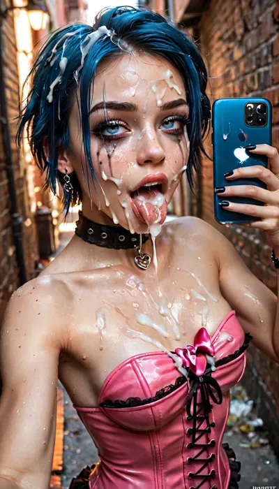 Iphone selfie, mirror selfie, in alley way, subdued light, tight and fit 30 years old, goth white girl, blue tomboy hair, covered in cum, half naked, pink corset, very slim girl, petite, sweaty, (cumshot, facial, ruined makeup, cum on mouth, cum on tits, lots of cum on blue tomboy hair, cum on corset, cum covered body, cum on hair, mouthful of cum, cum on legs, mouth open), cumslut, whore for cum, cum on face, cum on corset large tits, squeeze her tits with hands, chocker, high quality, Best quality, realistic, athletic body, slim figure, slim waist, small waist, fit girl, Looking at the camera, slutty face, slutty look, very petite girl, very detailed, blowbang, bukake, facialized, superfacialized, tongue, out, ahegao, drool, <lora:facialized:1.8>, <lora:ahegao_sdxl_v4:.8>