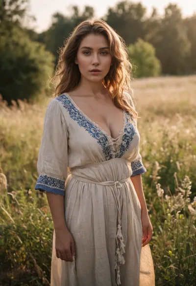 A photorealistic ultra HD 8K resolution image of a beautiful mature voluptuous peasant woman, dressed in rustic peasant clothing with intricate embroidery and a deep neckline revealing a hint of cleavage, exuding a subtle erotic allure. Her garment features detailed lace trim, loose linen fabric, and natural folds that catch the light. She stands in a sunlit field with soft, realistic lighting creating shadows and highlights on her skin and clothing. The scene is captured in DSLR photography style with a shallow depth of field, emphasizing her expressive face, rosy cheeks, and every strand of hair, while the highly detailed textures of the coarse fabric and her smooth skin are rendered with cinematic clarity.