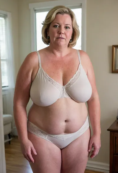 ((((((bbw)))))), 67 year old woman, (((((embarrassed))))), ((((no makeup)))), (cleavage), ((((((())))))), ((((ugly)))), (((((((plain underwear))))))), harsh light, standing in bedroom doorway