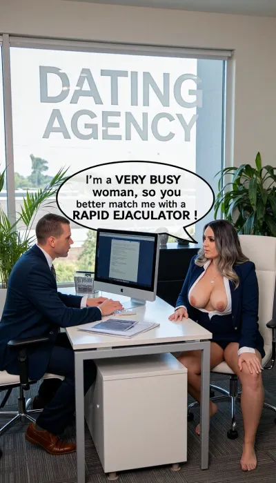 In a pretentious looking office a man and a woman sit either side of a modern looking desk by a large window. Big Sign etched on the window says “DATING AGENCY”. The office is plush carpeted, with occasional large pot plants. At the desk the man is typing into his computer while interviewing the lady opposite. The woman is a big BBW, 50 yo, with an extremely large bust. sHe is a harsh looking officious woman in a tight dark blue suit, tight short skirt, white blouse overflowing with her big soft bosom, dark brown hair streaked with grey in a wavy style, jewellery. Big speech bubble “I’m a VERY BUSY woman, so you better match me with a RAPID EJACULATOR !”