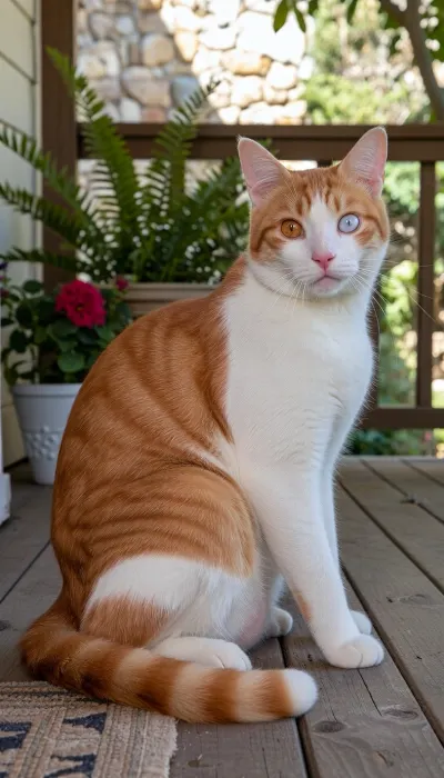 A candid, natural light photograph of a large, distinctive domestic shorthair cat, estimated at 6kg, with a white body and head, but a solid ginger-orange back, coat, and patches. The cat is sitting on a worn, rustic wooden porch, looking towards the camera with a gentle expression. Its two eyes are different, the left eye is a clear, warm amber-gold, while the right eye is noticeably cloudy and veiled, with a whitish film over the lens, (cataract), . The cat is not obese, but possesses a distinct, fleshy primordial pouch—a characteristic sag of skin and fat under the abdomen that hangs significantly between the hind legs when seated, just like a tiger's belly. This pouch is evident under its white underside. The cat's tail is thick, distinctively ginger-orange with clear darker orange-red stripes, (tigrée), and terminates with a bright, solid white tip. The cat is sitting comfortably on the wooden boards with natural wear, surrounded by potted plants, (ferns, geraniums), an old woven rug, and the soft, blurred background of a garden, (lush foliage, sunlight filtering through leaves, distant stone wall, soft daylight), at dawn. The cat itself has realistic white and ginger fur, soft and well-groomed. It is seated naturally, facing slightly right but looking left towards the viewer. The background garden, (bokeh), is softly focused. The wooden porch is textured and aged. The cat's whiskers are prominent and white. The lighting is soft, natural daylight. The photograph is shot on a full-frame camera, (Sony A7III, 50mm f/1.8 lens), at eye level, (slight downward angle), . Grain is natural, photo is sharp on the cat's face and eyes, (the cloudy right eye is clearly visible), . Aperture f/4.0, Shutter Speed 1/320 sec, ISO 400. The cat is well-defined against the blurred garden background, with its heavy, tiger-like belly sagging visibly beneath it.