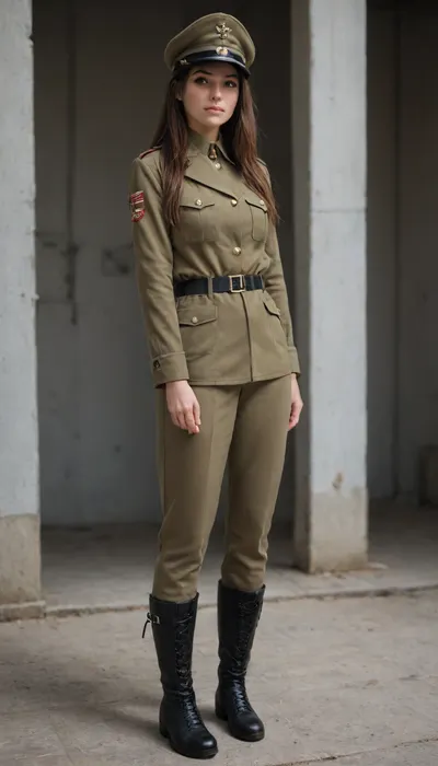 Brown Hair、long hair、embarrassed expression、is wearing military uniform、Uniform cap、long boots、Full Body、large hangar、