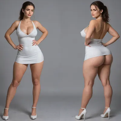 Sexy adult realistic illustration of a sultry, Voluptuous young woman, full beautiful hair, (cute Girl:1.3), Photorealistic diptych portrait of the same curvy woman in, (two panels side-by-side:1.3), against a seamless studio background separated by a thin vertical gap, left panel full-frontal view, right panel full-back view, (model wearing a form-fitting red micro dress:1.3), ass hagging out, micro mini bodycon dress with deep V neckline, (large cleavage:1.3), (hyper erect nipples:1.3), in front and low scoop back, white high heels, left pose, confident stance, one hand on hip, other hand lightly touching collarbone, soft natural expression, subtle makeup, loose bangs framing face, right pose, hands on hips, hair pulled into a mid-height ponytail revealing back, weight shifted to one leg, even soft studio lighting, clean soft shadows, high detail skin texture, realistic cloth folds, accurate anatomy and proportions, cinematic color grading, ultra-detailed 4k photoreal, crisp edges, neutral tones, minimal post-processing., (detailed skin texture:1.2), soft expression, massive underbutt, (curvaceous body type:1.3), (huge round ass:1.3), (massive round ass:1.3), (bulging bubble butt:1.3), cleft ass, deep buttcrack, (suggestive pose:1.3), (8k, ultra sharp, professional), <lora:bottomheavy_v1_sdxl_LoRA:2>, <lora:BodyLicious:2>, <lora:4panel:.8>