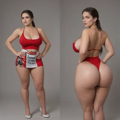 Sexy adult realistic illustration of a sultry, Voluptuous young woman, full beautiful hair, (cute Girl:1.3), Photorealistic diptych portrait of the same curvy woman in, (two panels side-by-side:1.3), against a seamless studio background separated by a thin vertical gap, left panel full-frontal view, right panel full-back view, (model wearing a form-fitting red micro dress:1.3), ass hagging out, micro mini bodycon dress with deep V neckline, (large cleavage:1.3), (hyper erect nipples:1.3), in front and low scoop back, white high heels, left pose, confident stance, one hand on hip, other hand lightly touching collarbone, soft natural expression, subtle makeup, loose bangs framing face, right pose, hands on hips, hair pulled into a mid-height ponytail revealing back, weight shifted to one leg, even soft studio lighting, clean soft shadows, high detail skin texture, realistic cloth folds, accurate anatomy and proportions, cinematic color grading, ultra-detailed 4k photoreal, crisp edges, neutral tones, minimal post-processing., (detailed skin texture:1.2), soft expression, massive underbutt, (curvaceous body type:1.3), (huge round ass:1.3), (massive round ass:1.3), (bulging bubble butt:1.3), cleft ass, deep buttcrack, (suggestive pose:1.3), (8k, ultra sharp, professional), <lora:bottomheavy_v1_sdxl_LoRA:2>, <lora:BodyLicious:2>, <lora:4panel:.8>