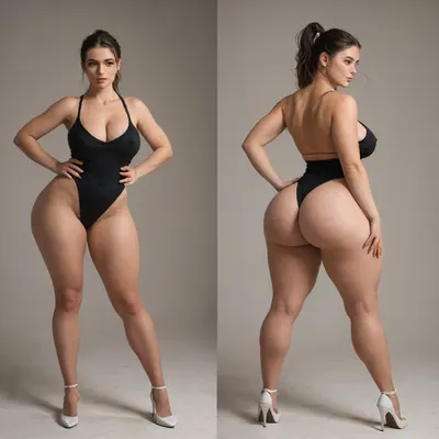 Sexy adult realistic illustration of a sultry, Voluptuous young woman, full beautiful hair, Photorealistic diptych portrait of the same curvy woman in, (two panels side-by-side:1.3), against a seamless studio background separated by a thin vertical gap, left panel full-frontal view, right panel full-back view, model wearing a form-fitting, (red:1.3), micro mini bodycon dress with deep V neckline, (large cleavage:1.3), (hyper erect nipples:1.3), in front and low scoop back, white high heels, left pose, confident stance, one hand on hip, other hand lightly touching collarbone, soft natural expression, subtle makeup, loose bangs framing face, right pose, hands on hips, hair pulled into a mid-height ponytail revealing back, weight shifted to one leg, even soft studio lighting, clean soft shadows, high detail skin texture, realistic cloth folds, accurate anatomy and proportions, cinematic color grading, ultra-detailed 4k photoreal, crisp edges, neutral tones, minimal post-processing., (detailed skin texture:1.2), soft expression, massive underbutt, (curvaceous body type:1.3), (huge round ass:1.3), (massive round ass:1.3), (bulging bubble butt:1.3), cleft ass, deep buttcrack, (suggestive pose:1.3), (8k, ultra sharp, professional), <lora:bottomheavy_v1_sdxl_LoRA:2>, <lora:BodyLicious:2>, <lora:4panel:.8>