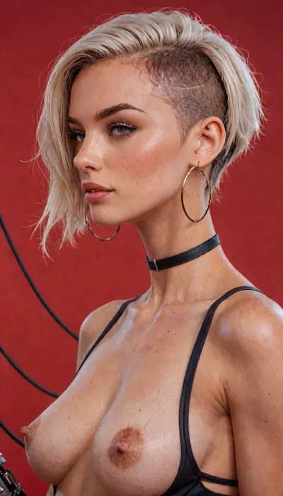 Cyberpunk Style, 1woman, upper body, beautiful face, cable, cyberpunk, hoop earrings, from half-side view, Undercut Hair, Long pixie Cut Hair, white hair, jewelry, looking at the viewer, makeup, nose piercing, slim lips, parted lips, teeth visible, (perfekt medium perky breasts), (dark areola:1.2), (dark red simple background:1.6), cybernetic hands, brown eyes, seductive pose, futuristic-fantasy-style, comic, book, <lora:sd_xl_turbo_lora_v1-64dim:.1>, <lora:EldritchComicsXL1.2:2>, <lora:attractive_notrigger:2>