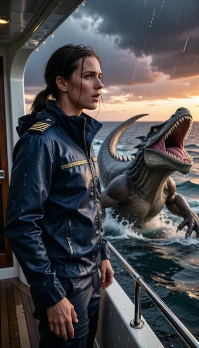 An epic, cinematic photograph taken from the stern of a luxury yacht at sunset. A captain, standing on the rain-swept deck, her face a mixture of shock and determination, stares out at the ocean. In the heat of the moment, she wears a high-end navy blue waterproof technical jacket with braided epaulettes. Her soaked hair is pulled back. She stands on a teak deck, just beside the yacht's cabin. Swimming violently in the deep, turbulent blue-gray waters near the yacht, a colossal and terrifying reptilian monster, its jaws gaping and teeth razor-sharp, leaps from the water in an awe-inspiring jet. The monster's ancient, damp scales gleam. The sky, in a dramatic, stormy sunset, is streaked with dark clouds tinged with orange and purple. The air is thick with sea spray and rain. Dynamic composition, high contrast, cinematic lighting, extreme detail on his technical jacket and the monster's skin, hyperrealistic water physics.