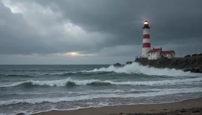 ((a 16th-century lighthouse a storm)), ocean, storm, tempest, lightning, powerful waves, foaming waves, on the sea, outdoors, photography