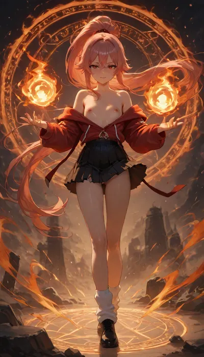 (Cinematic), Japanese tiny model of 18 years old, beautiful extacy face, witch charactor, pink nipples, slim legs, hn tanuki, loli_child, freckles, pretty face, innocent look, childlike proportions, flat chested, small breasts, petite, tiny, short, chibi, pastel streak hair, (oversized hoodie offshoulder), pleats skirt, (She was attacked by magic from another witch and her clothes is tattered torn:1.2), (her clothes jagged and ripped), (skin peeks through the gaps in the torn clothing:1.3), flying using magical power while riding a big magic circle, looking her breast of E-cups, very long straight hair, high-ponytail, white panty, loose socks, black shoes, lift up skirt, battlefield of magic fantasy world, duel, magical, fire, magic, spell, fireball, element, water, ball, orb, air, wind, earth, rock, plant, sand, extreme realism, <lora:tornclothesv6-8:2>, <lora:ClearHand-V2:.9>, <lora:Wizards__Mages:1.4>, <lora:Magical duel - SDXL v2.0:.4>