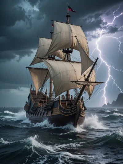 ((a 16th-century galleon in a storm)), ((galleon)), sailing ship, ocean, storm, tempest, lightning, powerful waves, foaming waves, on the sea, outdoors, photography