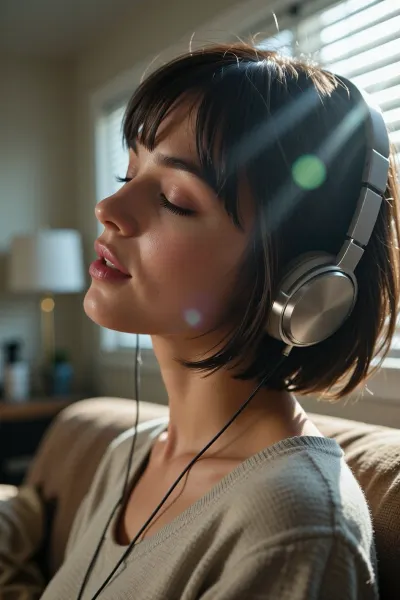 cute woman, short hair, relaxed casual pose, soft contented smile, eyes closed, living room, window, window blinds, dramatic light, depth of field, bokeh, dynamic angle, listening to music, headphones, focus on blissful and contended face, (hair glow lighting, hdr backlighting, crepuscular lighting through window, light motes), (tight closeup portrait, face bathed in sunlight:1.4), (layered composition with defined foreground and background, shallow depth of field, soft warm surreal lighting)