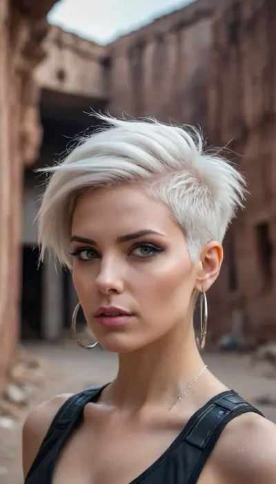 Photorealistic cyberpunk portrait of a futuristic woman. Accessories, Undercut, pixie cut, white Hair, Long Front short Back Hair, big earrings. Expression, fierce, . Perfekt medium round breasts, Background, city ruins glowing, holographic canyon walls. Captured with Sony α7R V, 50mm f/1.2 lens, ƒ/1.6, 1/250s, ISO 400, volumetric lighting.”