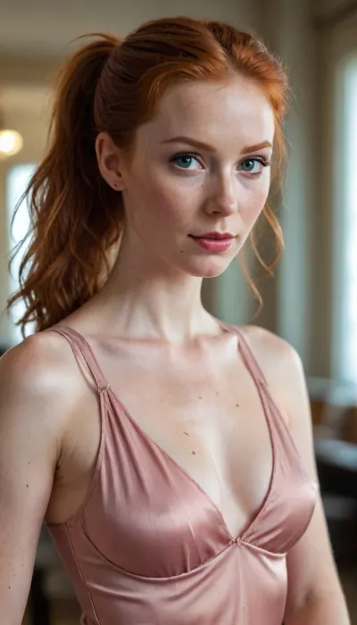 Gorgeous, cute tall redhead woman, loose fitting silk, shiny silk, delicate fabric, sleeveless, deep cleavage, stockings, perfect slim body, thin hourglass figure, skinny arms, looking at viewer, seductive pose, blurry background, realistic, realism, realistic skin, freckles, dimples, cute tall, redhead half ponytail, messy hair, 1woman