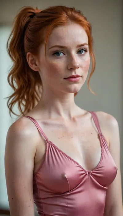 Gorgeous, cute tall redhead woman, loose fitting silk, shiny silk, delicate fabric, sleeveless, deep cleavage, stockings, perfect slim body, thin hourglass figure, skinny arms, looking at viewer, seductive pose, blurry background, realistic, realism, realistic skin, freckles, dimples, cute tall, redhead half ponytail, messy hair, 1woman, braless, Wearing, clothes, that, make, sense, with, Braless>, <lora:bralessSDXL_v1_00022:.8>