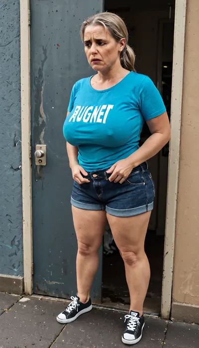 A older mature mom is inside a crowded public laundromat. The mature older mom has hyper massive tear drop breast, big fat thighs, a curvy body, and a fat ass. The mature older mom is wearing cargo shorts with a t-shirt and shoes. The older mature mom looks extremely lost. The older mature mom is waiting on her laundry to finish washing., ((extremely realistic)), ((extremely detailed)), ((4k resolution)), agony, anguish, anxiety, depression, despair, grief, pain, sadness, stress, suffering, perfect, eyes, skin, blemish, detailed, <lora:Saggo_XL:2>, <lora:Lamentations-000016:.1>, <lora:sd_xl_dpo_lora_v1:2>, <lora:face_xl_v0_1:2>, <lora:polyhedron_all_sdxl-000004:2>