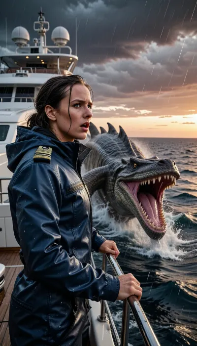 An epic, cinematic photograph taken from the bow of a luxury yacht at sunset. A captain stands on the rain-swept deck, her face a mixture of shock and determination, staring out at the ocean. In the heat of the moment, she wears a high-end, navy blue waterproof technical jacket with braided epaulettes. Her soaked hair is pulled back, and she grips the steel railing tightly. Bursting violently from the deep, turbulent blue-gray waters just beside the yacht, a colossal and terrifying reptilian leviathan, its jaws gaping and teeth razor-sharp, leaps from the water in an awe-inspiring jet. The monster's ancient, damp scales gleam. Behind it rises the sleek, modern white structure of the yacht, crowned with satellite domes. The sky, a dramatic, stormy sunset, is streaked with dark clouds tinged with orange and purple. The air is thick with sea spray and rain. Dynamic composition, high contrast, cinematic lighting, extreme detail on his technical jacket and the monster's skin, hyperrealistic water physics.