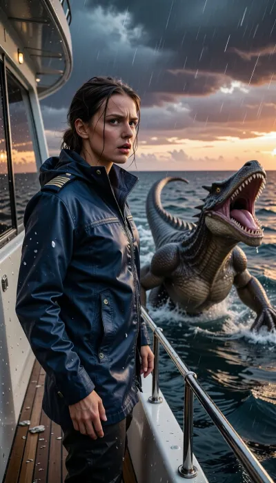 An epic, cinematic photograph taken from the stern of a luxury yacht at sunset. A captain, standing on the rain-swept deck, her face a mixture of shock and determination, stares out at the ocean. In the heat of the moment, she wears a high-end navy blue waterproof technical jacket with braided epaulettes. Her soaked hair is pulled back. She stands on a teak deck, just beside the yacht's cabin. Swimming violently in the deep, turbulent blue-gray waters, right next to the yacht, a colossal and terrifying reptilian monster, its jaws gaping and teeth razor-sharp, leaps from the water in an awe-inspiring jet. The monster's ancient, damp scales gleam. The sky, in a dramatic, stormy sunset, is streaked with dark clouds tinged with orange and purple. The air is thick with sea spray and rain. Dynamic composition, high contrast, cinematic lighting, extreme detail on his technical jacket and the monster's skin, hyperrealistic water physics.