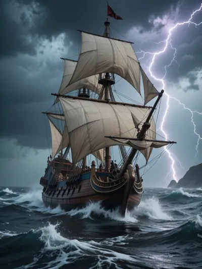 ((a 16th-century galleon in a storm)), ((galleon)), sailing ship, ocean, storm, tempest, lightning, powerful waves, foaming waves, on the sea, outdoors, photography