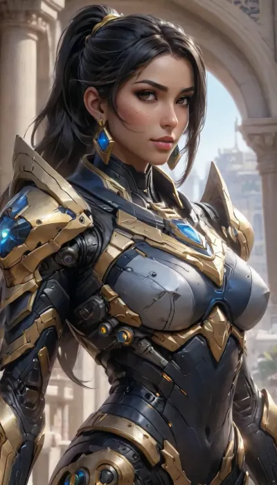 egyptian, (pharah from overwatchin her armor), mecha armor, underboob, lower half of breasts visible, (detailed iris), (detailed nose), (detailed mouth), long black ponytail, medium breasts, fit Body, eyeliner, gorgeous face, earrings, intricate clothing, Oasis, Portrait, overwatch Comic Style, drawing, painting, Sketch Style, Sketch art, <lora:Mecha_Ggorgeous_Armor-000011:.8>, <lora:UnderboobXL:.8>, <lora:aesthetic_anime_v1s:.8>