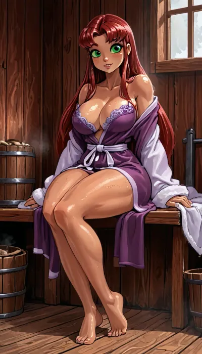 (innv meets jack cayless style:1.2), (hentai anime style:1.2), (reiq style:1.2), (masterpiece:1.2), masterpiece, cel-shaded, limited color palette, ((beautiful perfect sexy, Starfire, dc comics:1.6)), solo, alone, (curves body), (seductive face, big perfect breast, muscles body, big muscles arms, perfect muscles legs, big ass, feet. hard Naples, looking erotic), ((in a sexy bathrobe), (dripping wet bra breast out), (dripping wet panty), (came toe)), (playful seductive pose), (inside, sauna, hotel), ohxw, red, hair, green, eyes, uberfit, muscular, athletic, <lora:LCMTurboMix_Euler_A_fix:1.6>, <lora:EnvyCuteXL01v12:1.6>, <lora:EnvyAnimeDigitalPaintingXL01:1.6>, <lora:1star-000004:2>, <lora:uberfit_lora_sdxl:2>