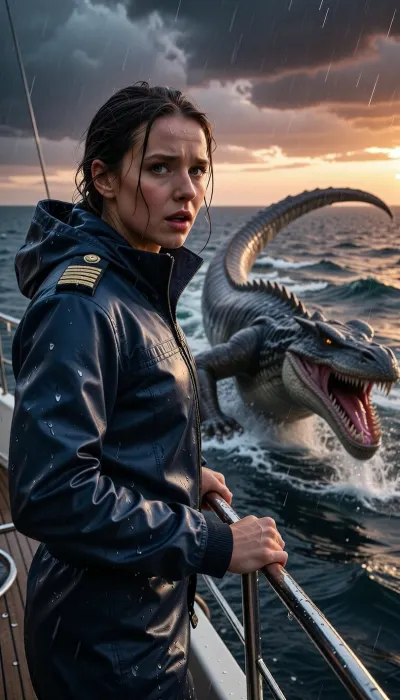 An epic, cinematic photograph taken from the bow of a luxury yacht at sunset. A captain, standing on the rain-swept deck, her face a mixture of shock and determination, stares out at the ocean. In the heat of the moment, she wears a high-end, navy blue waterproof technical jacket with braided epaulettes. Her soaked hair is pulled back, and she grips the steel railing tightly. Swimming violently in the deep, turbulent blue-gray waters just beside the yacht, a colossal, terrifying reptilian monster, its jaws gaping and teeth razor-sharp, leaps from the water in an awe-inspiring jet. The monster's ancient, damp scales gleam. The captain looks in its direction. The sky, in a dramatic, stormy sunset, is streaked with dark clouds tinged with orange and purple. The air is thick with sea spray and rain. Dynamic composition, high contrast, cinematic lighting, extreme detail on his technical jacket and the monster's skin, hyperrealistic water physics.