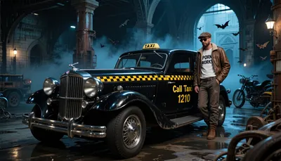 Depict a vintage Duesenberg, transformed into a bold New York taxi, painted deep black with vivid yellow checkered squares, the side emblazoned with "Call Taxi 1210", its glossy black finish showing subtle wear, chrome grille and headlights gleaming, long vented hood and robust fenders, chrome hubcaps shining, next to it, a rugged driver leans, wearing a worn leather jacket, underneath a brown aviator jacket, a white T-shirt with a clearly print "PORN WORKS", clearly legible, (each letter sharp and distinct:1.5), a used brown chauffeur cap, sunglasses, and boots, with a three-day beard, blending mafia grit and cowboy flair, his face detailed, masculine, a subtle calm smile on his lips, a short beard framing his jaw, his stance confident, a smirk and hint of danger, the entire scene surreal and rich with character, ultra-sharp details, realistic skin texture, refined contrast, 8k detail, authentic facial expression, clean composition, (maximum photo quality:1.4), (maximum resolution:1.5), mist and drifting fog enveloping the scene, the darkness inside the cavernous space of the taxi garage, the underground world hidden beneath a decaying gothic city, enormous steel pillars disappearing into the shadow, flooded floors reflecting a cold blue light, deep shadows swallowing the vast architecture, massive vaulted ceilings barely visible, old trains, motorcycles, scattered machinery, bats in chaotic flight, weak volumetric light, wet surfaces gleaming, rusted metal, neo-gothic structure mixed with brutalist industrial design, tiny human silhouettes, isolated lamps, atmosphere heavy with mist and dread, deep blacks, cold cyan lights, faint warm tungsten glows, analog film look, heavy grain, shallow focus, cinematic underexposure, a dark ambient aesthetic, a hidden underground world, hyper-detailed textures, atmospheric realism, every shadow and reflection immersed in suspense, A slender woman sticks her small, firm, naked bottom out of the car window from the inside