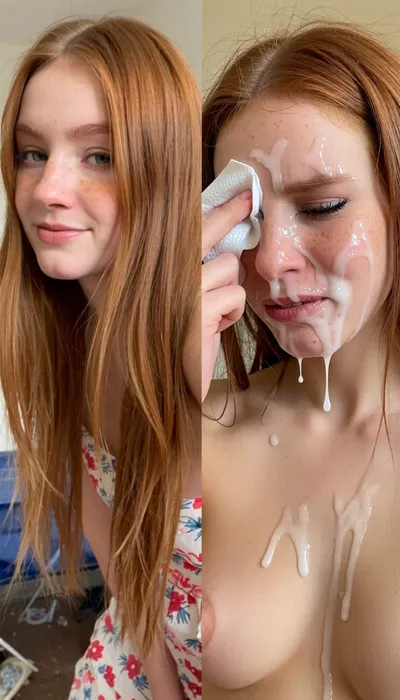 side-by-side two pictures of the same young tall extreme skinny dutch 27yo model, woman, with long straight ginger hair and freckles and tall narrow nose and narrow long face, one picture before the bukkake party and second picture after the bukkake Party. before the party she looks shy and happy with a beautiful summer dress and natural pretty face, after ther bukkake party on the second picture her face is completely covered in cum, an excessive amount of cum is on her face and in her mouth, cum is dripping down on her chest, her fake lashes are hanging down, she is cleaning her eyes with a small tissue, her hair is messy, she is looking disgusted and sad, she is crying, her face is completely destroyed. Please make an extreme contrst from first picture to second picture. the woman has to be the same pretty woman on both pictures. Background for both pictures, a dirt dorm room