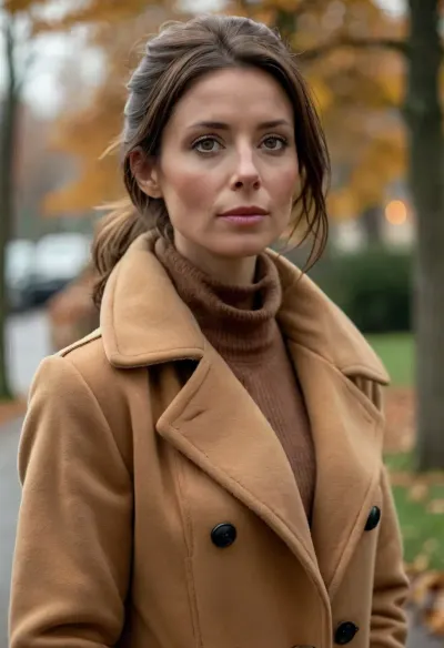(masterpiece, best quality:1.2), 1 german 40yo woman, (she wears a caramel coat:1.4), longest dark brunette hair, all hair combed back in a high ponytail, green eyes, outdoors, in foggy cold park, photorealism, clothes, <lora:style_lora_realis:.5>, <lora:Detailed_female_hands-000001:.5>